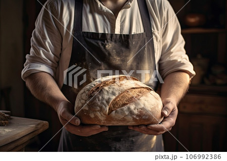 Middle aged Caucasian female baker in apron holding round bread in hands and next to board where lies long loaf over home bakery background. Middle aged Caucasian female baker in apron holding round bread in hands and next to board where lies long loaf over home bakery background. 106992386