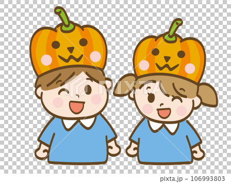 ハロウィンのカボチャの帽子をかぶる男の子と女の子_保育園児の兄妹 106993803
