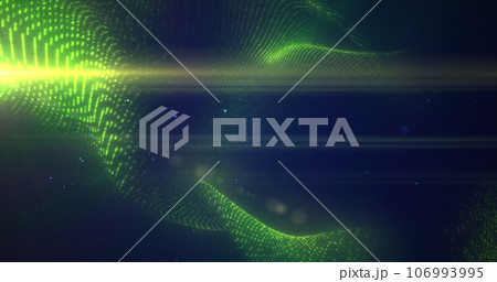 Green glowing energy bright particles light lines and waves abstract background 106993995