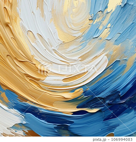 油絵抽象背景正方形バナー）水色と青と白と金色のカーブ。AI生成画像 106994083