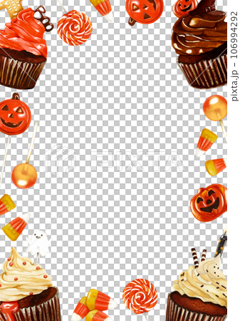 Hand drawn watercolor Halloween frame with cupcakes and sweets 106994292