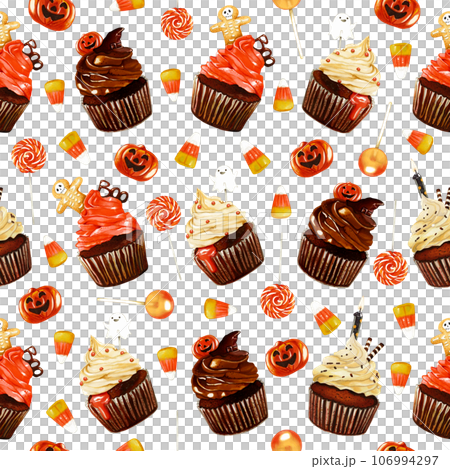 Watercolor Halloween seamless pattern illustration. Funny Halloween print with lollypops, candy corn, cakes and pumpkin isolated on white background. Creepy 31 of October holiday wallpaper. 106994297