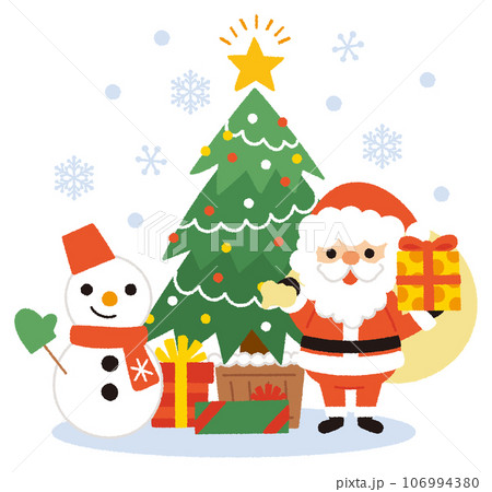 クリスマスツリーとサンタクロースと雪だるまとプレゼントの手書きベクターイラスト 106994380