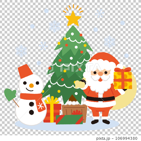 クリスマスツリーとサンタクロースと雪だるまとプレゼントの手書きベクターイラスト 106994380