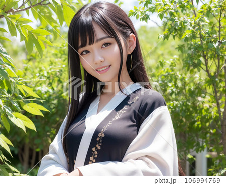 画像生成AIで作成された着物を着た黒髪の日本人女性のイラスト 106994769