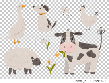 Cute farm animals collection, flat animal illustration, cow, sheep, chicken, dog, goose, butterfly and daisy. Cartoon characters for kids isolated, big bundle with textured effect. Hand drawn doodle 106994826