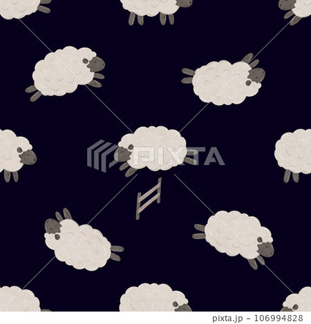 Seamless pattern with Cute cartoon baby Sheep jumping over the fence. Good night. Counting sheep for insomnia. Endless background in scandinavian style with magical stars. Digital illustration for Seamless pattern with Cute cartoon baby Sheep jumping over the fence. Good night. Counting sheep for insomnia. Endless background in scandinavian style with magical stars. Digital illustration for 106994828