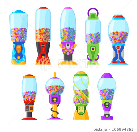 Gumball machine, icons set. Transparent round glass candy dispenser with colorful bubble gum. Vending machine. Container sweets balls penny coin. Vector illustration isolated on white Gumball machine, icons set. Transparent round glass candy dispenser with colorful bubble gum. Vending machine. Container sweets balls penny coin. Vector illustration isolated on white 106994863