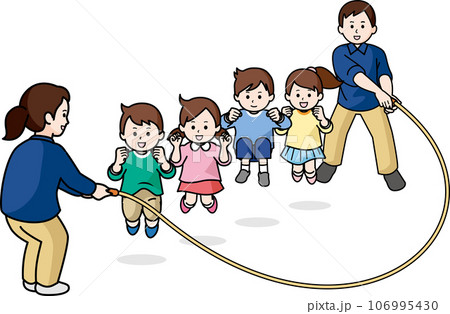 大縄跳びをする子供たちと先生 106995430