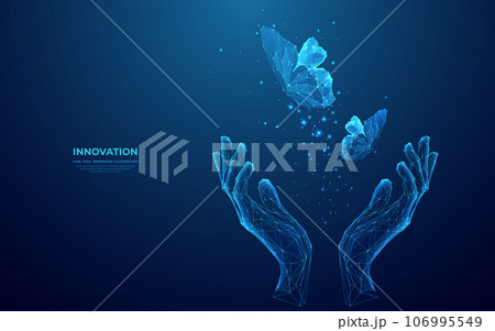 Abstract hands of a woman carefully holding butterflies that fly up. 106995549