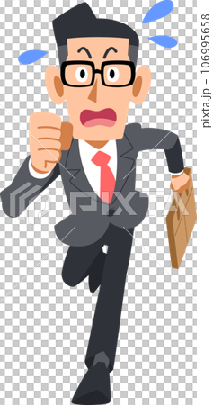 A businessman wearing glasses running impatiently with his bag 106995658