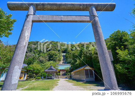 千葉県館山市の洲崎神社の大鳥居越しに随身門と厄祓坂(石段)を見る 106995676