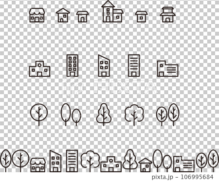 城市景觀住宅建築樹圖示象形圖處理簡單線條插圖素材集 106995684