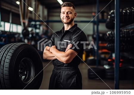 Portrait of smiling professional mechanic and new car tyre at auto repair shop. Technician man at auto repair service center. Changing tire shop. Repair or maintenance auto service. Generative AI. 106995950