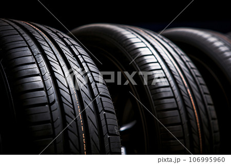 Closeup new car tires for sale at tyre store. Balck rubber car tire with modern tread at auto repair shop. Winter tires at auto repair service center. Changing tire shop. Auto service. Generative AI. 106995960