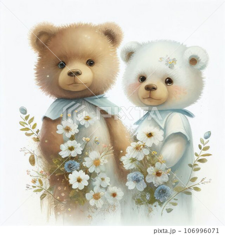Illustration two teddy bear sitting together in flower garden Created with Generative AI technology. Illustration two teddy bear sitting together in flower garden Created with Generative AI technology. 106996071