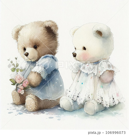 Illustration two teddy bear sitting together in flower garden Created with Generative AI technology. 106996073
