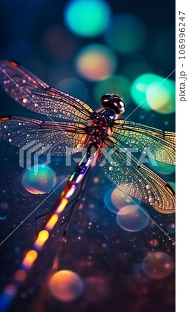 Beautiful colorful dragonfly on rainbow bokeh background Created with Generative AI technology. 106996247
