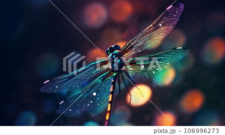 Beautiful colorful dragonfly on rainbow bokeh background Created with Generative AI technology. 106996273