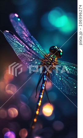 Beautiful colorful dragonfly on rainbow bokeh background Created with Generative AI technology. 106996274