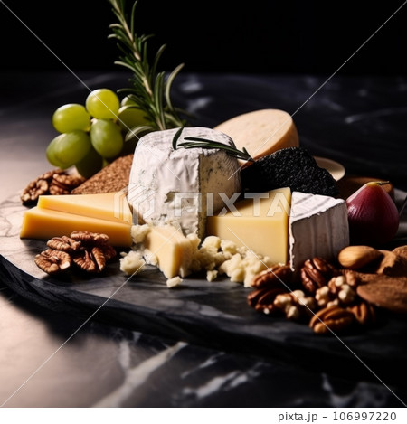 Assortment of cheese with fruits and nuts Assortment of cheese with fruits and nuts 106997220