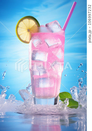 Light pink rose cocktail on a blue background with drink straw. Light pink rose cocktail on a blue background with drink straw. 106997232