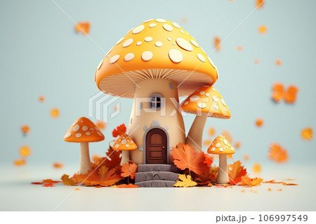 カラフルなキノコの家の風景（3Dピクト）のイラスト素材 [106997549