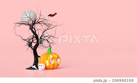 3d happy halloween party with full moon, bats, pumpkin head, tree, skull  isolated on pink background. 3d render illustration 106998108