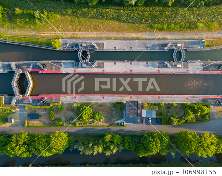 DUFFEL, LIER, BELGIUM, May 31, 2023, Aerial view or top down view of the River lock between Nete 106998155