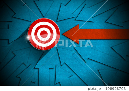 Many Blue Arrows and Only one Red Arrow Going to Target Many Blue Arrows and Only one Red Arrow Going to Target 106998708