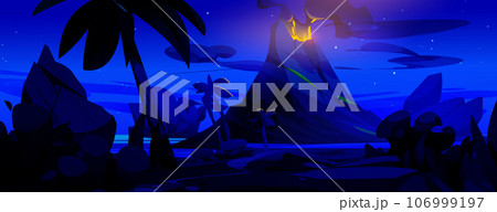 Volcano eruption and lava cartoon landscape vector Volcano eruption and lava cartoon landscape vector 106999197