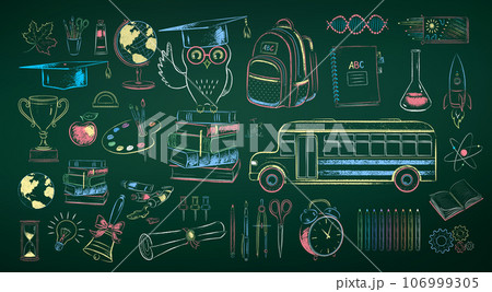 Education items on chalkboard background 106999305