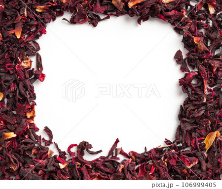 Dry Hibiscus Tea Isolated, Dry Rose Petals, Fruit Red Tea, Karkade Leaves, Dried Herbal Drink, Roselle Petal 106999405