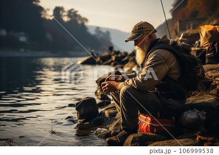Elderly man with beard fishing on shore of lakeのイラスト素材 [106999538] - PIXTA