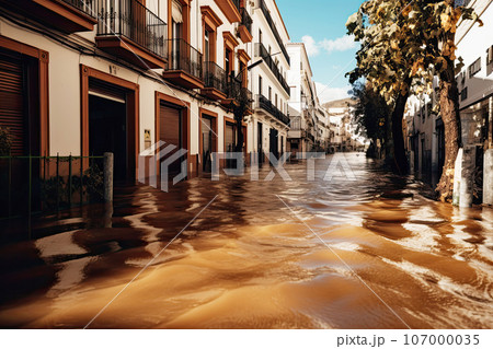 Flooding in an european village, with washed out street 107000035
