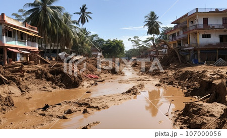 Flooding in an African country, with washed out roads, destroyed houses and piles of rubbish 107000056