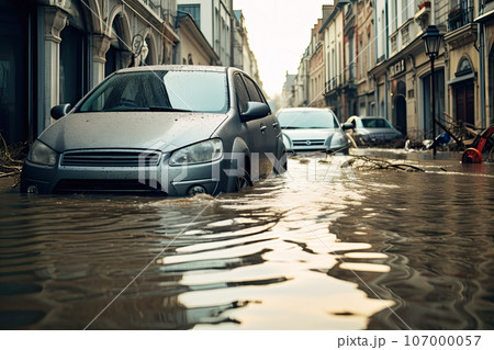 Floating cars in the water during flooding in an european country, with washed out street 107000057