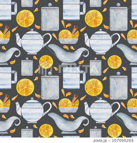 Hand drawn watercolor teaware, tea lemon, dishes crockery porcelain, hot beverage. Seamless pattern isolated on white background. For invitations, cafe, restaurant food menu, print, website, cards 107000268