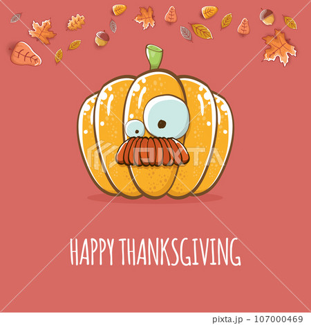 Happy thanksgiving day banner or greeting card with funny cartoon cute orange smiling pumkin isolated on brown background. Celebration text with pumpkin and autumn leaves for poster, label Happy thanksgiving day banner or greeting card with funny cartoon cute orange smiling pumkin isolated on brown background. Celebration text with pumpkin and autumn leaves for poster, label 107000469