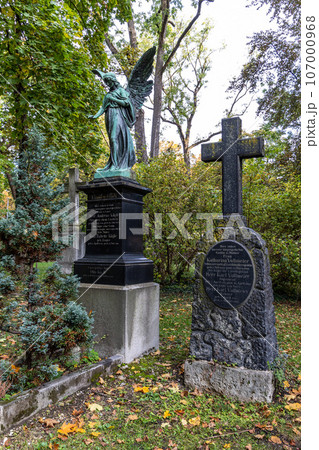View of famous Old North Cemetery of Munich, Germany with historic gravestones. 107000968