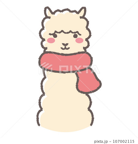 マフラーを巻いたふわふわのアルパカのイラスト（正面向きの顔） 107002115