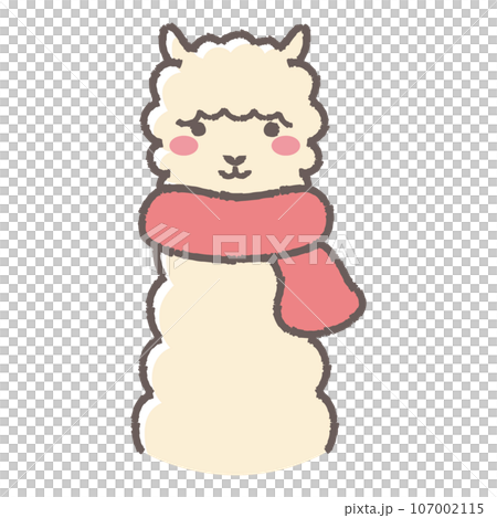 マフラーを巻いたふわふわのアルパカのイラスト（正面向きの顔） 107002115