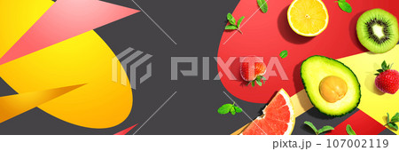 Avocado and mixed fruits overhead view 107002119