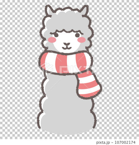 Illustration of a fluffy alpaca wearing a scarf (front facing face) Illustration of a fluffy alpaca wearing a scarf (front facing face) 107002174