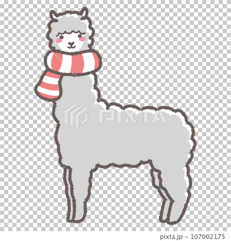 Illustration of a fluffy alpaca wrapped in a scarf (full body) Illustration of a fluffy alpaca wrapped in a scarf (full body) 107002175