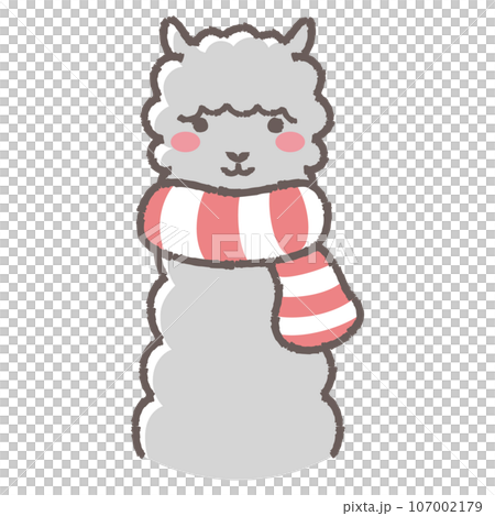 Illustration of a fluffy alpaca wearing a scarf (front facing face) 107002179