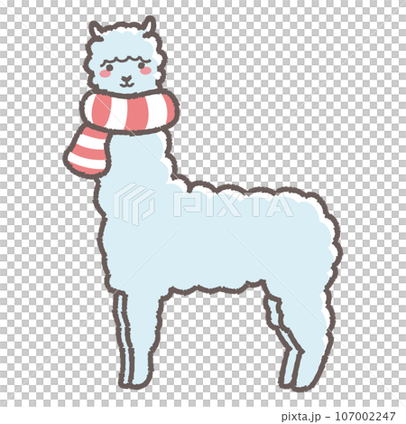 Illustration of a fluffy alpaca wrapped in a scarf (full body) Illustration of a fluffy alpaca wrapped in a scarf (full body) 107002247