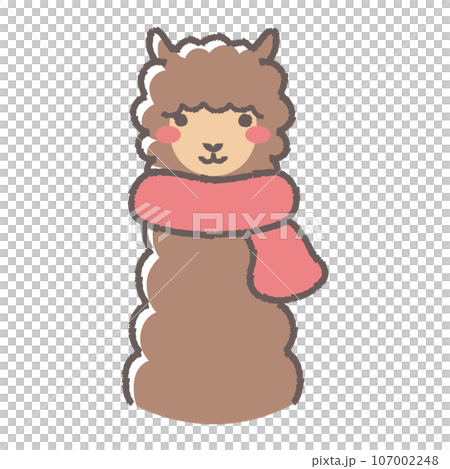 Illustration of a fluffy alpaca wearing a scarf (front facing face) Illustration of a fluffy alpaca wearing a scarf (front facing face) 107002248