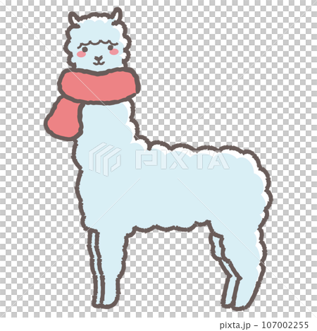 Illustration of a fluffy alpaca wrapped in a scarf (full body) Illustration of a fluffy alpaca wrapped in a scarf (full body) 107002255