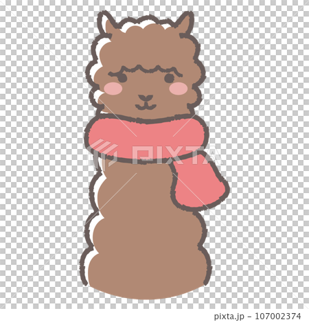 マフラーを巻いたふわふわのアルパカのイラスト（正面向きの顔） 107002374